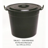 produk plastik rumah tangga Tong 60 liter plastik dan tutup warna hitam dan silver 