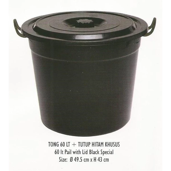 produk plastik rumah tangga Tong 60 liter plastik dan tutup warna hitam dan silver merk AR