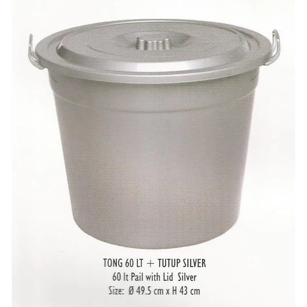 produk plastik rumah tangga Tong 60 liter plastik dan tutup warna hitam dan silver merk AR