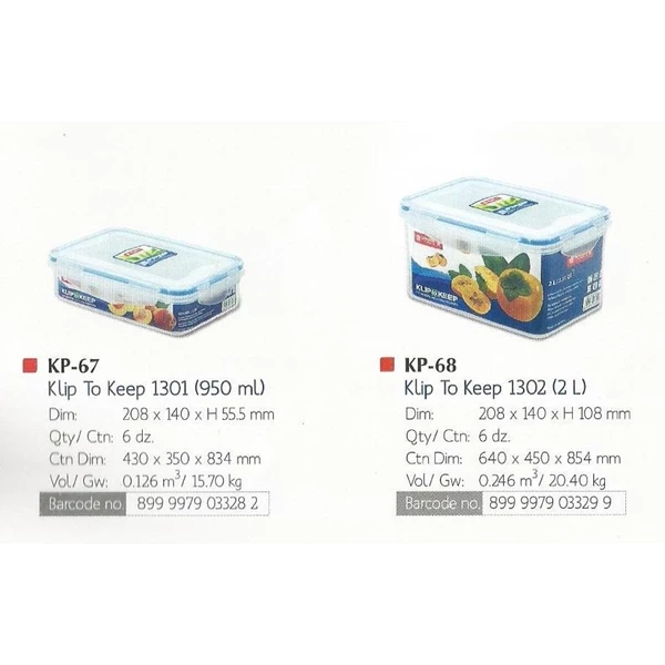 produk plastik rumah tangga Kotak Klip To Keep plastik 1302 volume 2 liter merk Lion Star kode KP 68