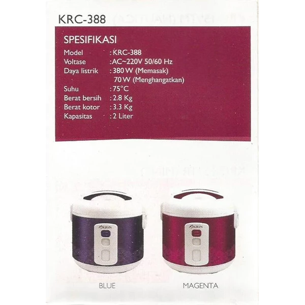 alat dapur lainnya Rice Cooker masin penanak nasi kode KRC 388 merk Kirin elektronik