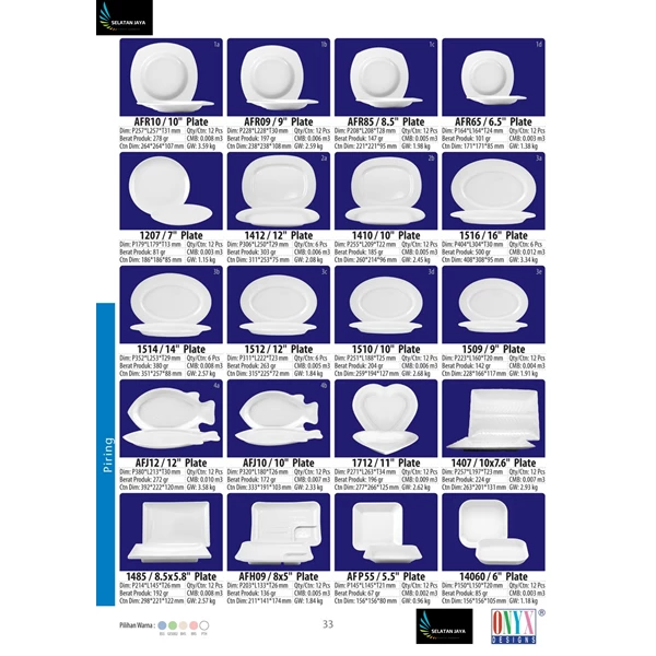 Catalog of standard Onyx brand melamine plates