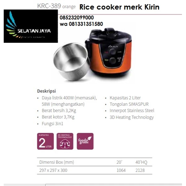 mesin pemasak Rice cooker KRC 389 merk kirin